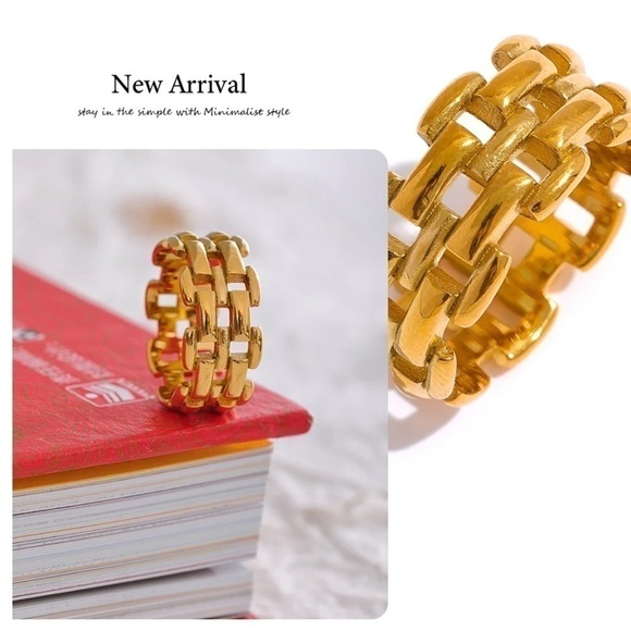 New Gold Geometric Wide Band Ring - Picture 4 of 14